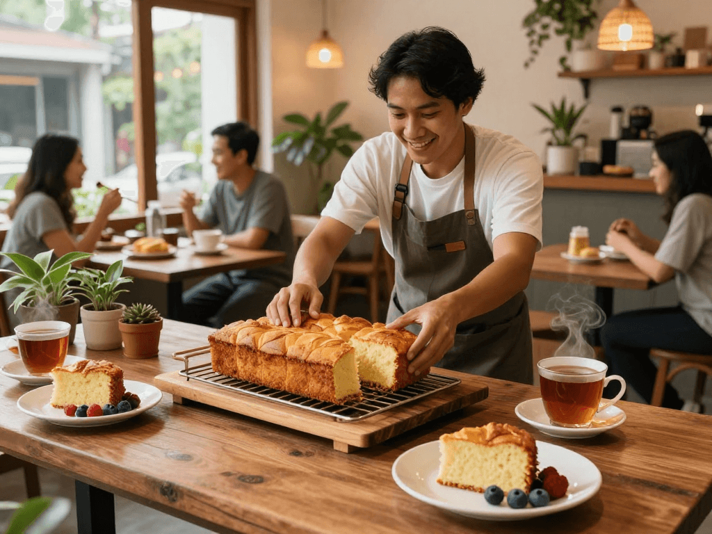 Freshly baked rokok88 bolu bakar served with tea in a cozy Bandung cafe