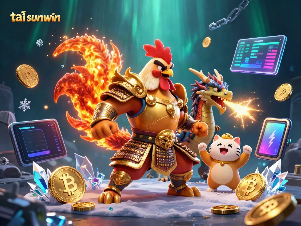 Win big with tai sunwin, showcasing a powerful samurai rooster and dragon surrounded by crypto coins and vibrant casino elements.