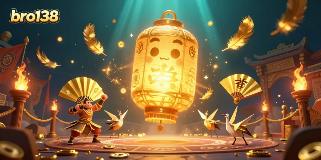 Join the excitement with bro138 at a night market casino illuminated by golden characters and lucky symbols.