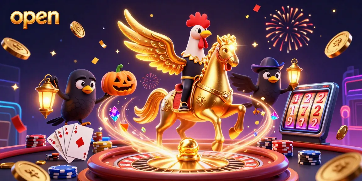 Win big at Open Casino with a golden rooster and pumpkin-headed crows among cascading coins and gems.