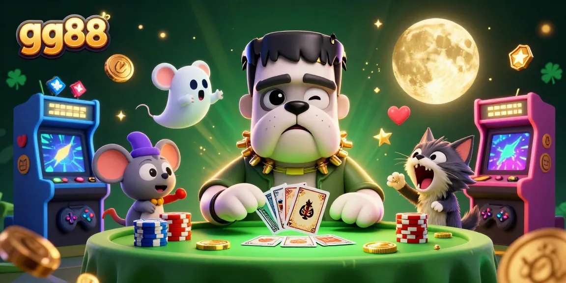Join the fun at gg88 with a 3D cartoon scene featuring a bulldog monster and fantastical gaming elements.