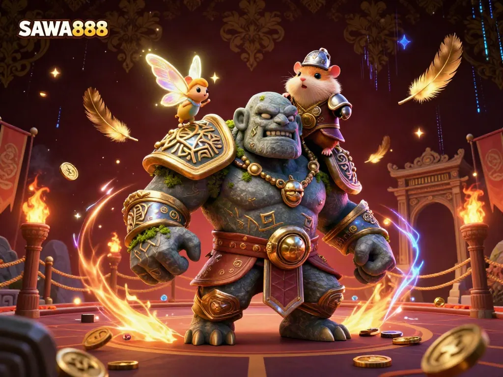 Experience the magic and adventure of SAWA888 with a detailed scene featuring a stone golem, fairy, and knight in a vibrant casino setting.