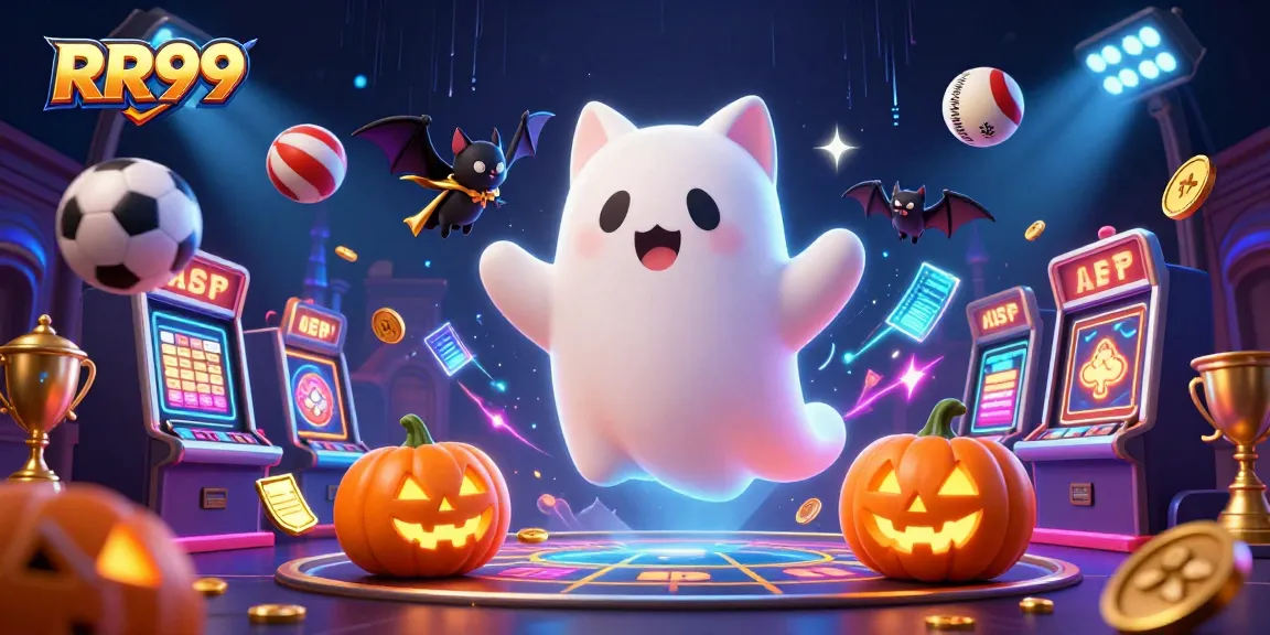 Experience thrills at RR99 with a whimsical ghost cat and vampire bat in a magical casino scene.