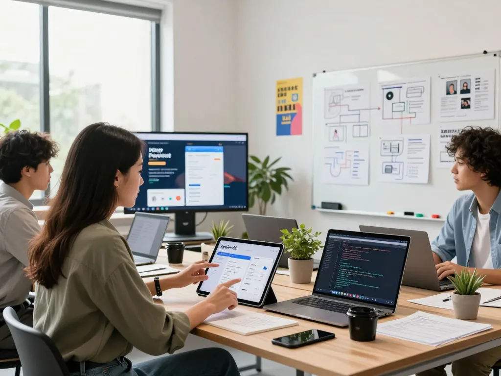 Developers collaborating on the App Five88 interface in a bright modern office