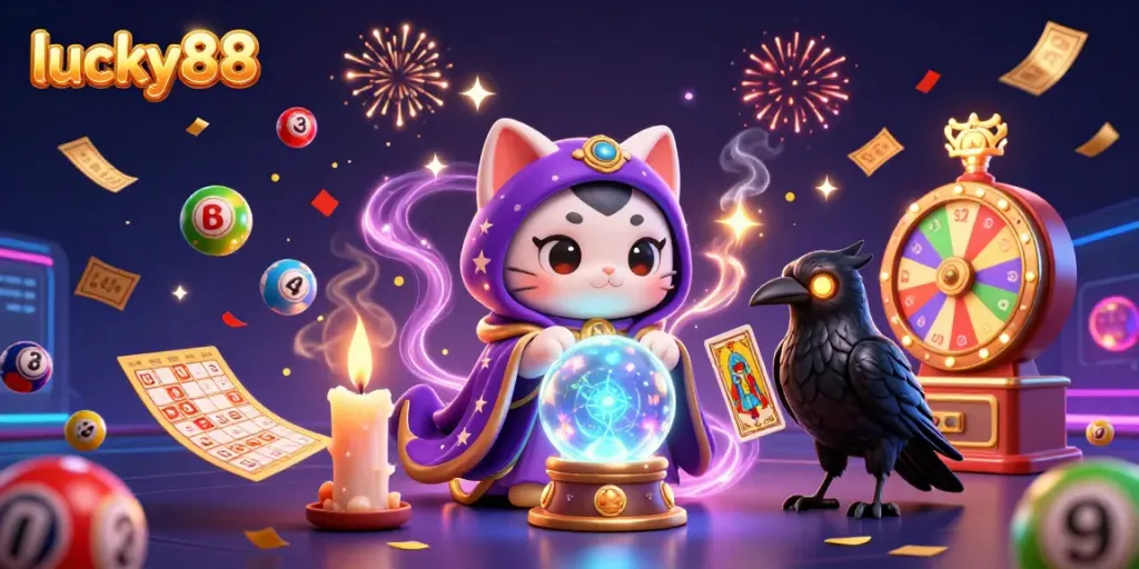 Win big with lucky88 in this vibrant casino-themed illustration featuring a mystical scene.