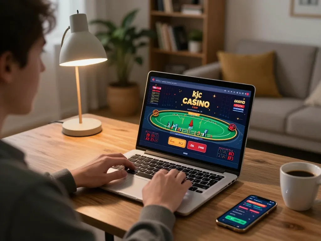 Player engaging with kjc com on laptop, featuring live casino games in a cozy home setting.