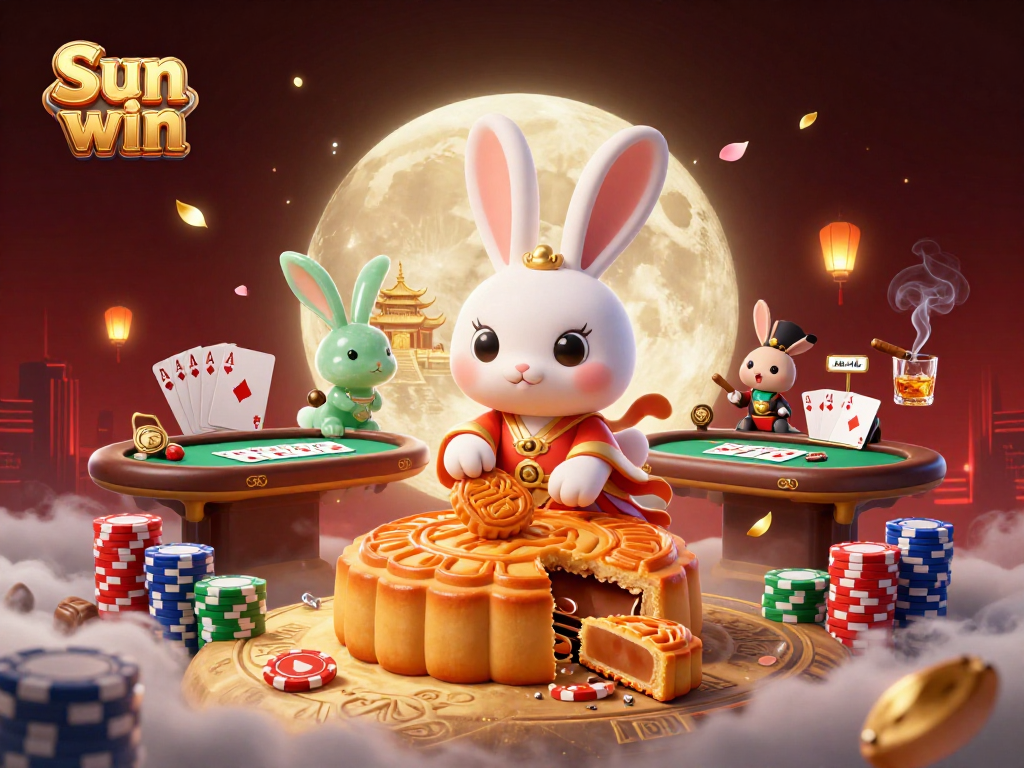 Engage with Sun win by enjoying this lively casino scene featuring a moon rabbit and poker elements.