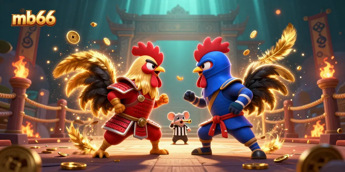Witness an epic standoff between roosters in samurai and ninja gear at mb66’s exciting arena.