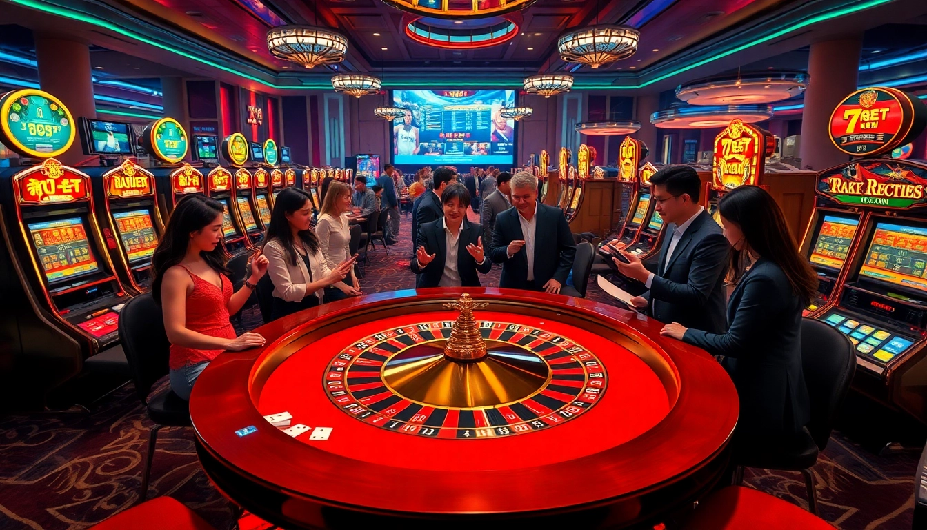 The thrilling ambiance of a luxury casino showcasing excitement in gambling with 7mcn live sports scores.