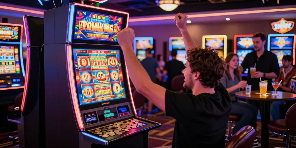 Permainan slot gacor dengan pemain merayakan kemenangan jackpot di kasino yang ramai.