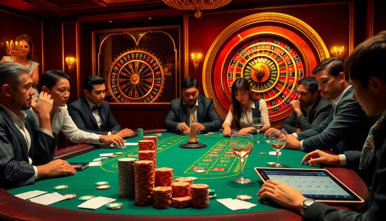 Betting excitement at a poker table in a luxury casino environment with https://f168.law/ featured.