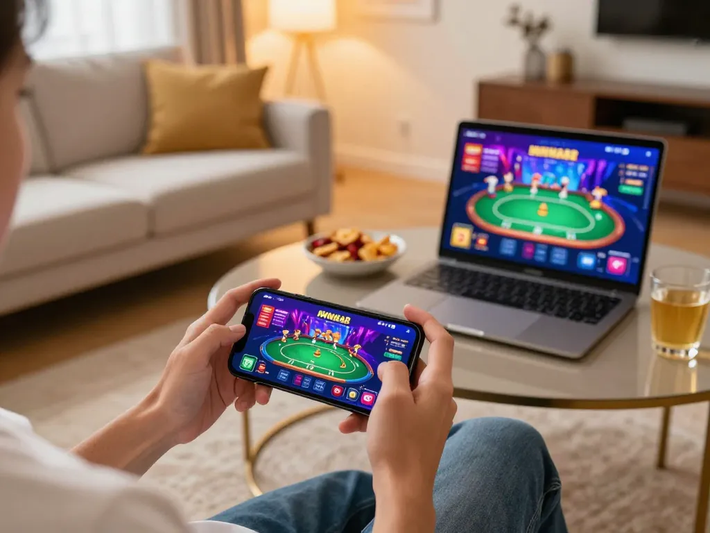 IWIN mobile gaming session in a cozy living room with dynamic gameplay interface.