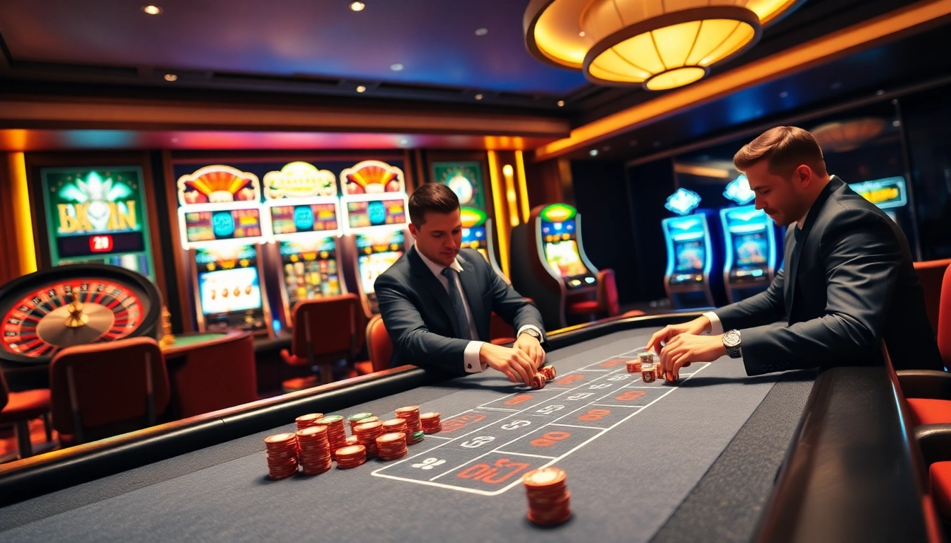 Engaging players at a Go8 casino table showcasing excitement and professional gambling.