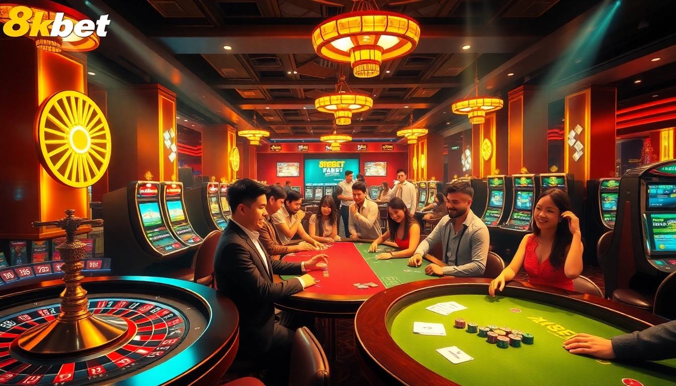 Exciting scene at the 8kbet casino featuring vibrant gaming tables and online betting.