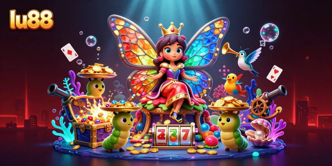 Engage with lu88 slot games through this vibrant underwater casino illustration with a butterfly queen.