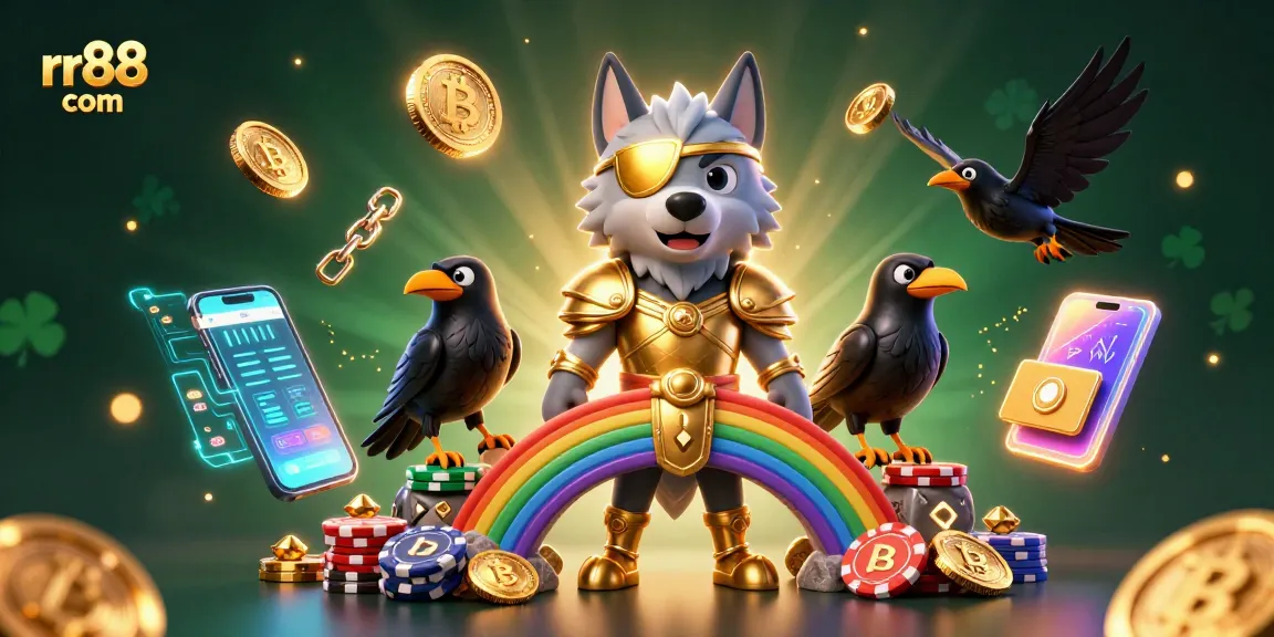 Experience thrilling adventures at rr88 com with an Odin wolf and ravens in a vibrant casino scene.