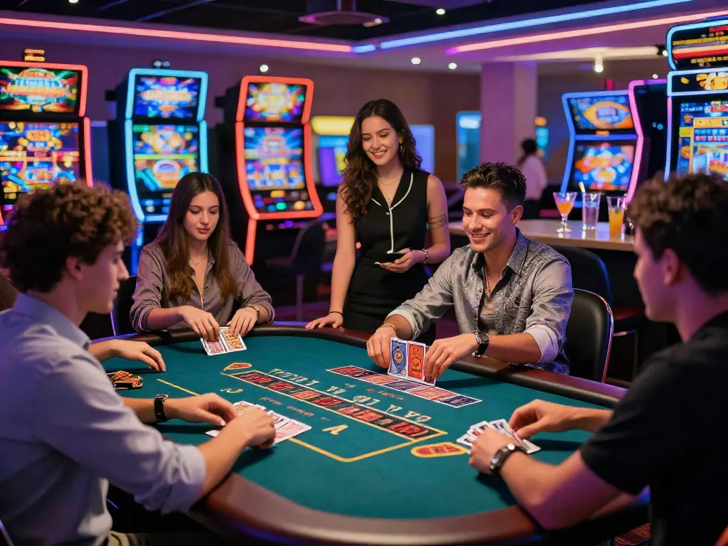 Engaging five88 live casino scene with players celebrating wins and vibrant slot machines in background.
