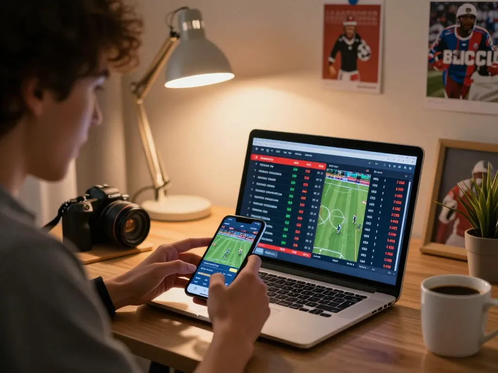Engaged sports bettor analyzing live betting odds on a laptop in a cozy home setting, rik88 strategies in action.