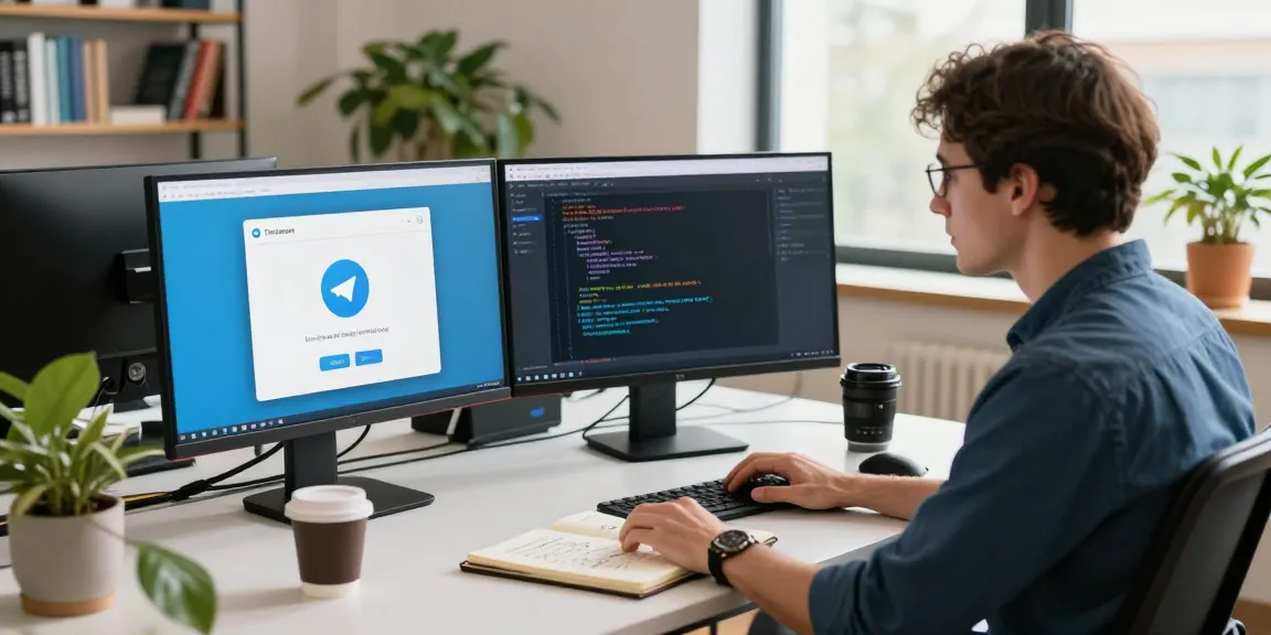 Download Telegram on a modern tech workspace with multiple screens displaying code and app.