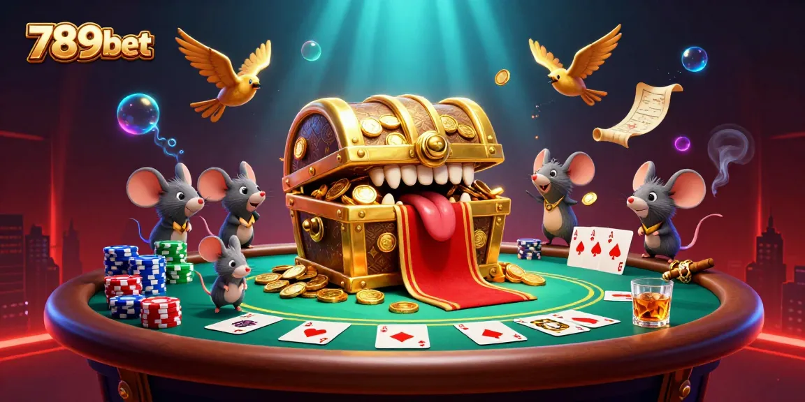Enjoy exciting wins with 789bet in this vibrant casino scene, full of poker elements and golden treasures.
