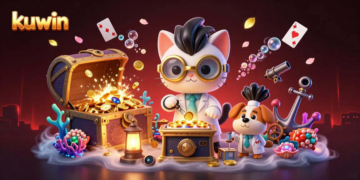 Win big with kuwin: A vibrant 3D scene capturing a scientist cat and dog amidst gold coins and magical elements.