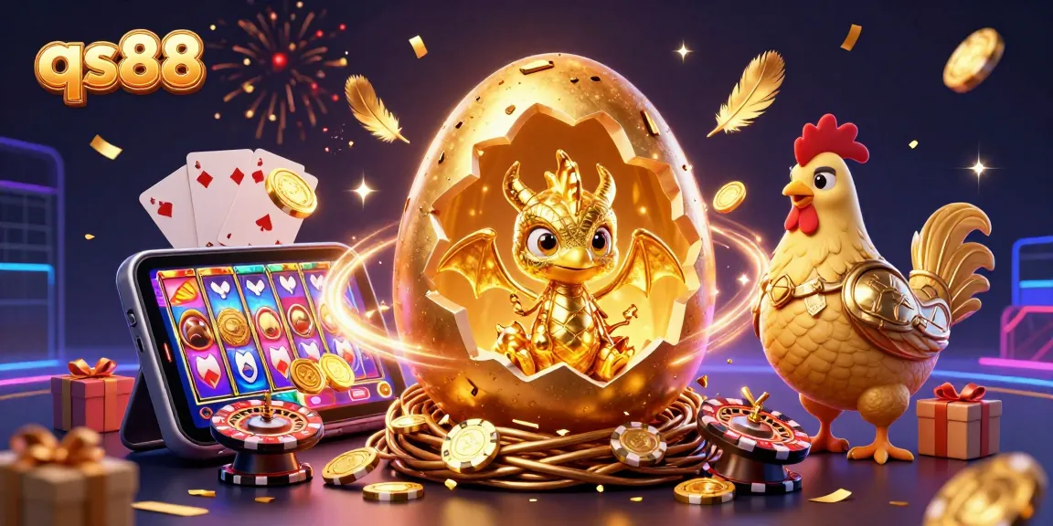 Bettors enjoy thrilling gaming at qs88 casino, where a golden dragon and poker chips come alive.
