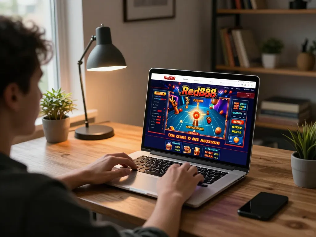 Person enjoying online gaming on the Website Red88 with a laptop displaying various casino games