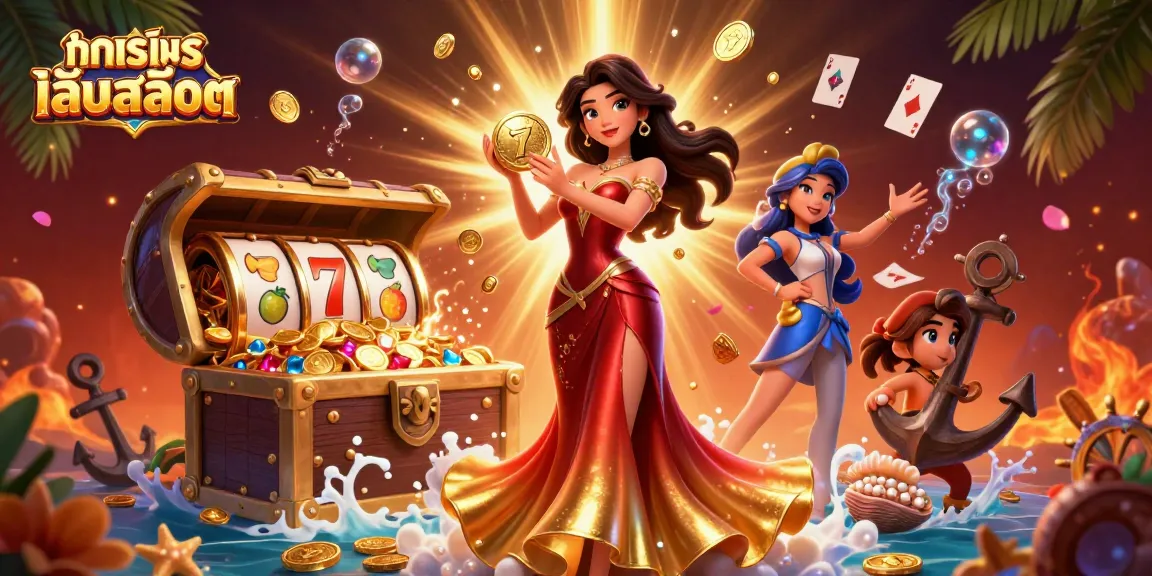 Engage in ทดลองเล่นสล็อต with an Asian beauty holding a golden coin amidst vibrant casino elements.