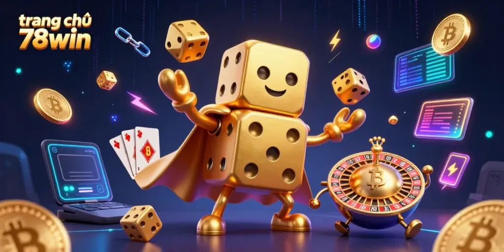 Experience the excitement of gambling with the vibrant scene showcasing trang chủ 78win featuring 3D golden dice juggling and crypto coins.