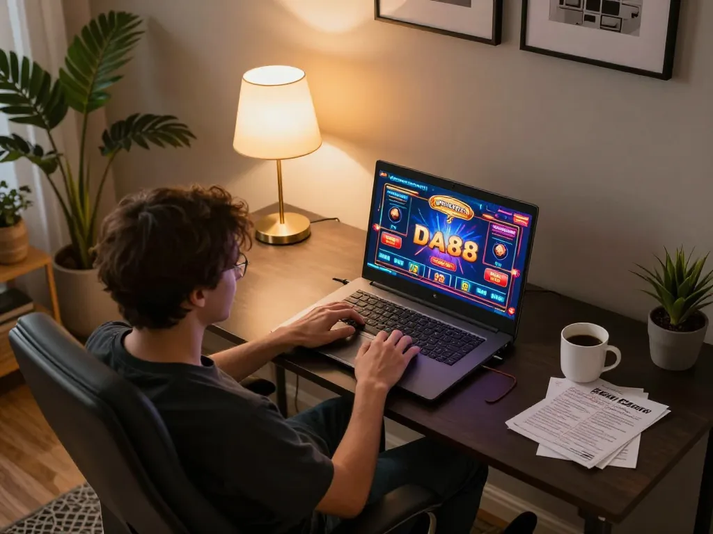 Engaging player enjoying DA88 online casino gaming on a laptop.