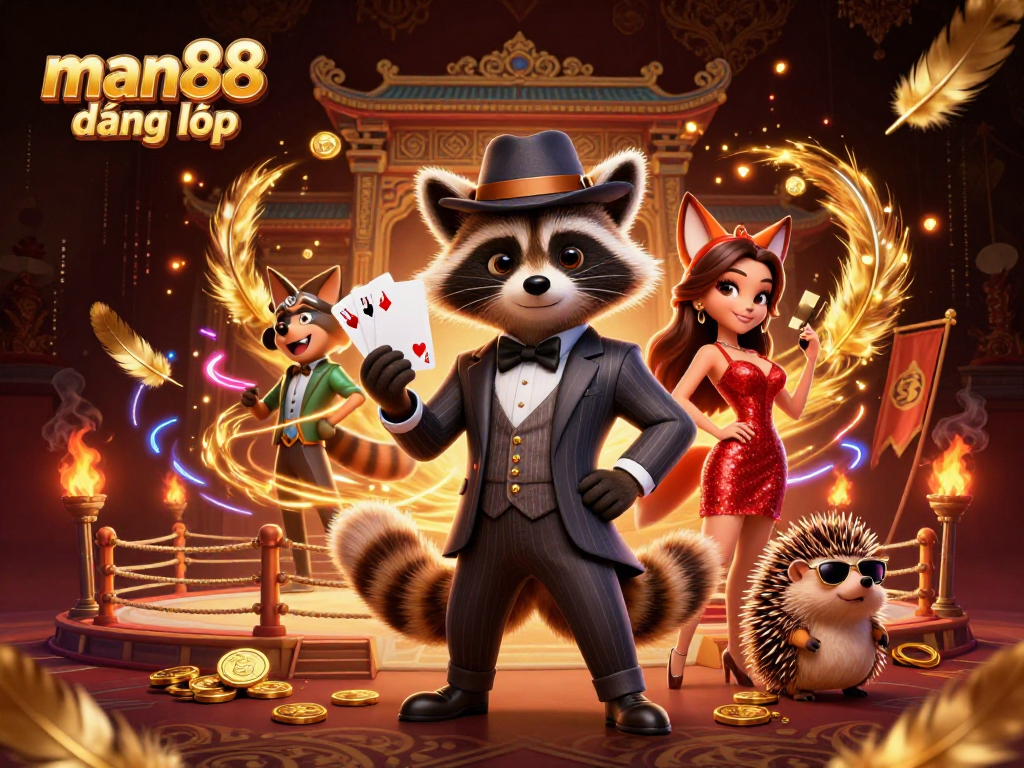 Explore winning strategies at man88 đăng nhập with a charming raccoon and elegant fox in a vibrant casino scene.