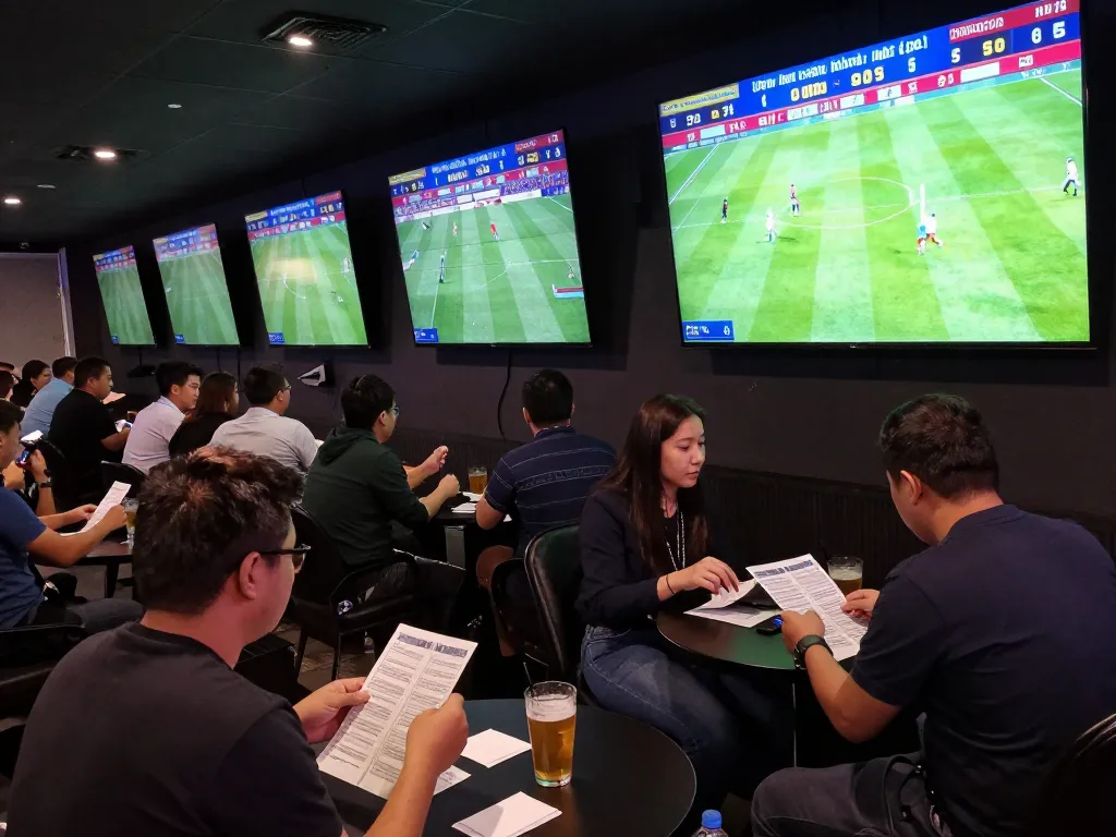 Fans engaged in analyzing kèo nhà cái 5 odds in a lively sports betting arena.