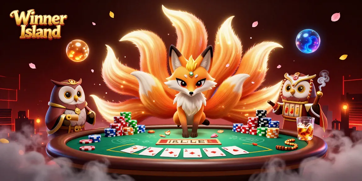 Winner Island fantasy casino scene with a vibrant nine-tailed fox, owl sage, poker elements, and glowing details.