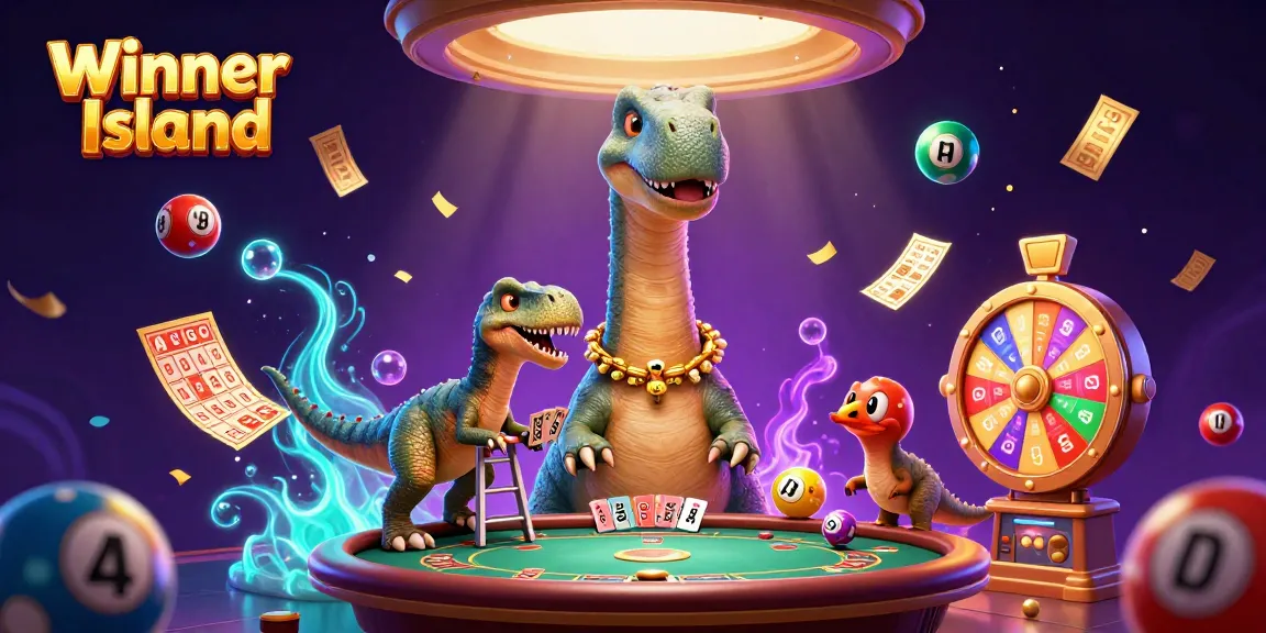 Experience thrilling gameplay at Winner Island with a towering brontosaurus overseeing casino fun.