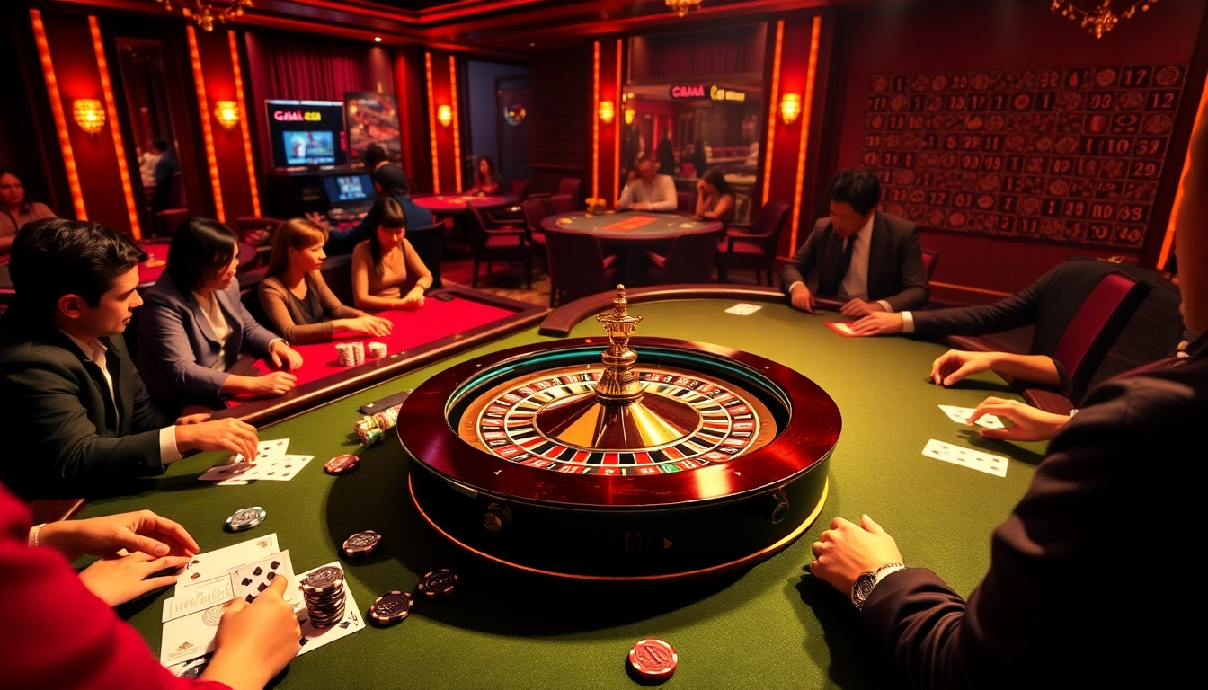 Experience the thrill of casino gaming at GA888 with exciting poker chips and a roulette wheel.