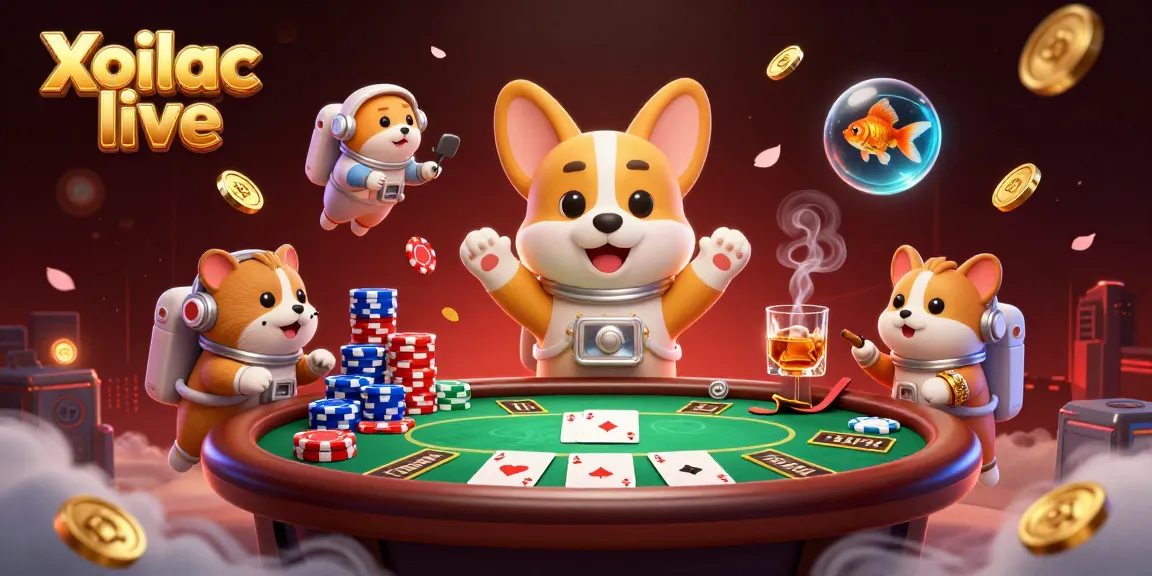 Xoilac live showcases a playful casino scene with astronauts and vibrant poker elements.