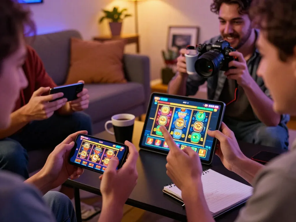 Engaged players using tg88 app for online gaming, showcasing lively slot machine action in a cozy home setting