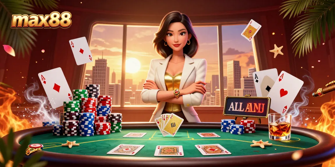 Experience high-stakes gaming at max88 with an elegant dealer showcasing winning poker hands and atmosphere.