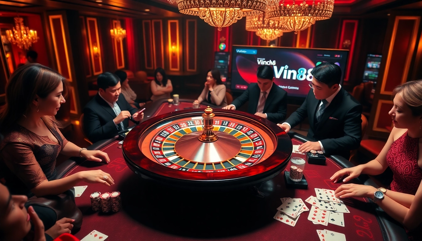 Engaging scene of Trang chủ vin88 with excited players at a roulette table in a luxurious casino.