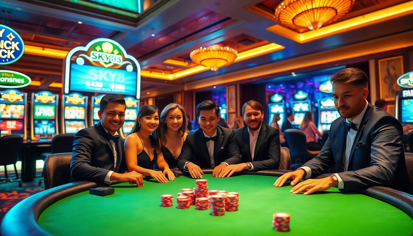 Experience the excitement of SKY88 with players at a luxurious casino table amidst dazzling slot machines.