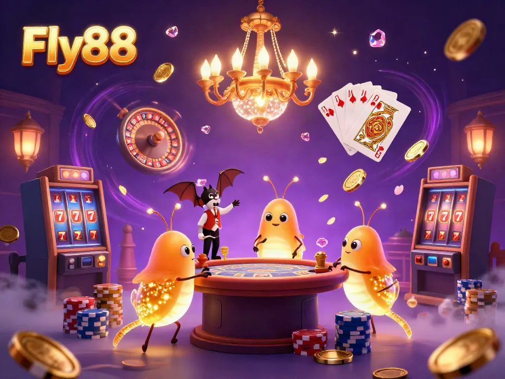 Fly88 illuminates a vibrant casino scene with glowing characters and dynamic gaming elements.