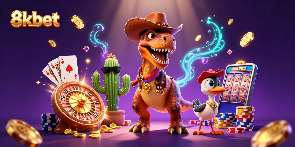 Win big at 8kbet with a lively scene of a T-Rex dinosaur and friends amidst casino treasures.