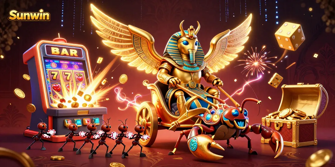 Sunwin promotional art featuring golden scarab beetle with poker chips amidst exciting casino elements.