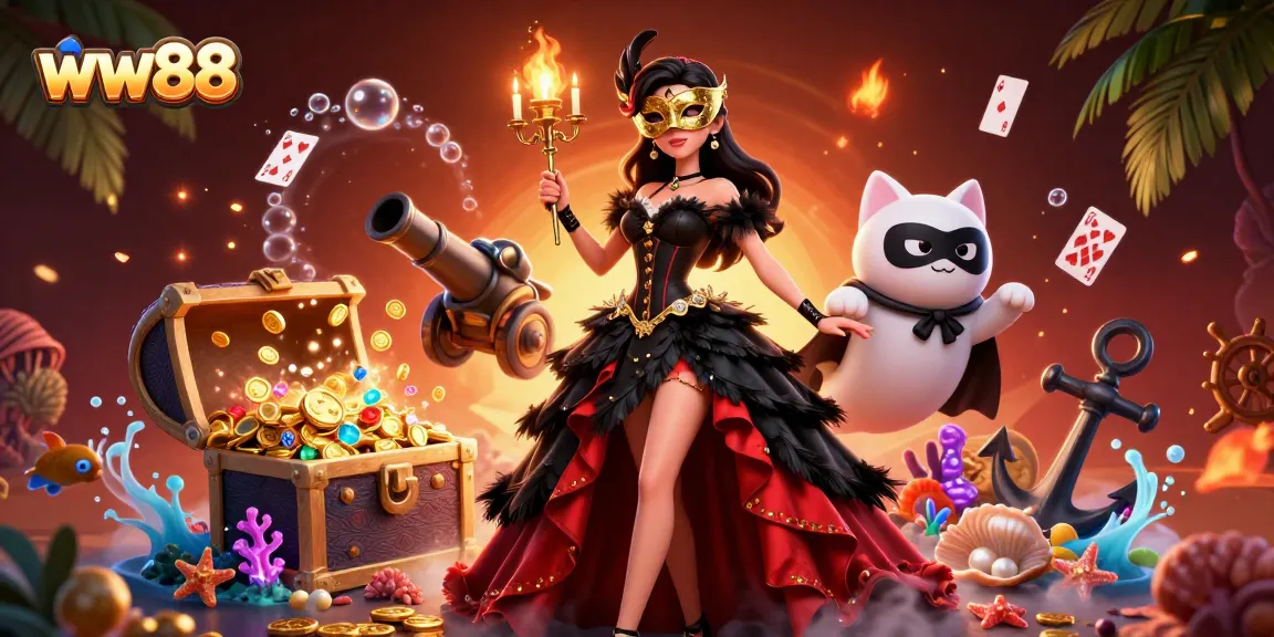 Engage with thrilling games at ww88, where a flamboyant woman and her masked companion revel in undersea treasures and excitement.