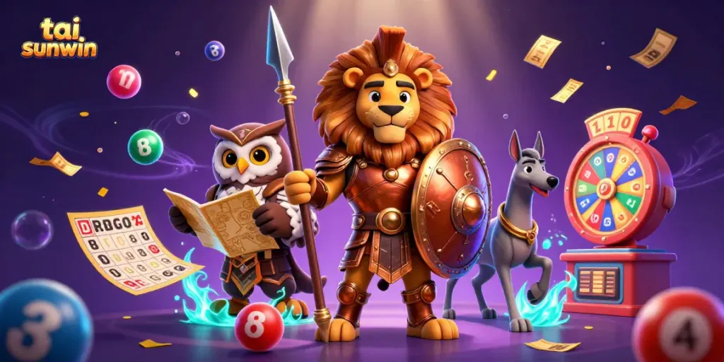 Experience the excitement of tai sunwin with vibrant lottery elements and engaging characters in a lively gaming scene.