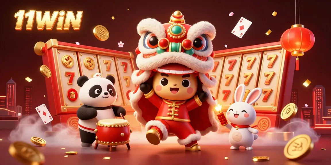 Engage with 11WIN's vibrant casino world through a lively 3D illustration featuring a lion dance and lucky symbols.