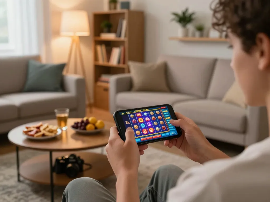 Say88 uy tín gaming from home, showcasing mobile app interaction with vibrant slot game visuals.