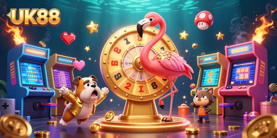 Engaging UK88 illustration showcasing vibrant game show with flamingo host and bulldog contestant.