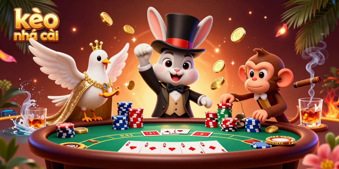 Experience thrilling kèo nhà cái action with a magician bunny and vibrant poker elements in this dynamic casino illustration.