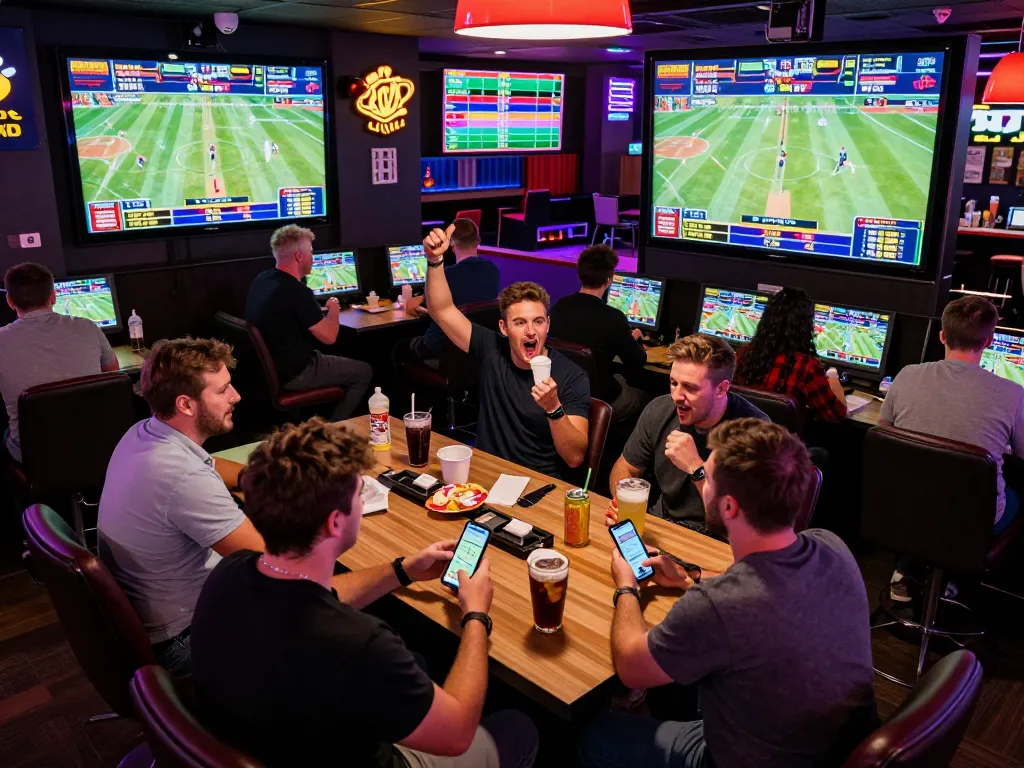 CM88 sports betting action with enthusiastic bettors analyzing odds while watching live games